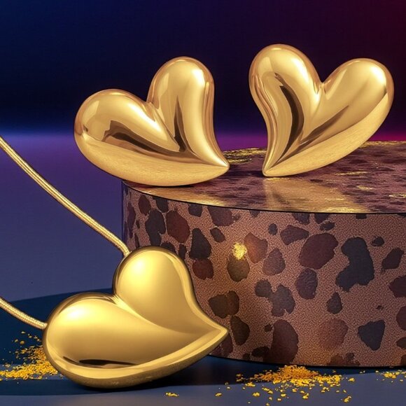 ๐Romantic Puffy Heart Necklace & Earrings Set 18K Gold Plated Stainless Steel - Picture 1 of 17